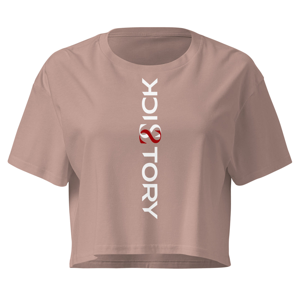 Altrosa Sick Story Damen Crop Top mit kurzen Ärmeln, Rundhalsausschnitt und senkrechtem weiß-rotem Logo-Schriftzug