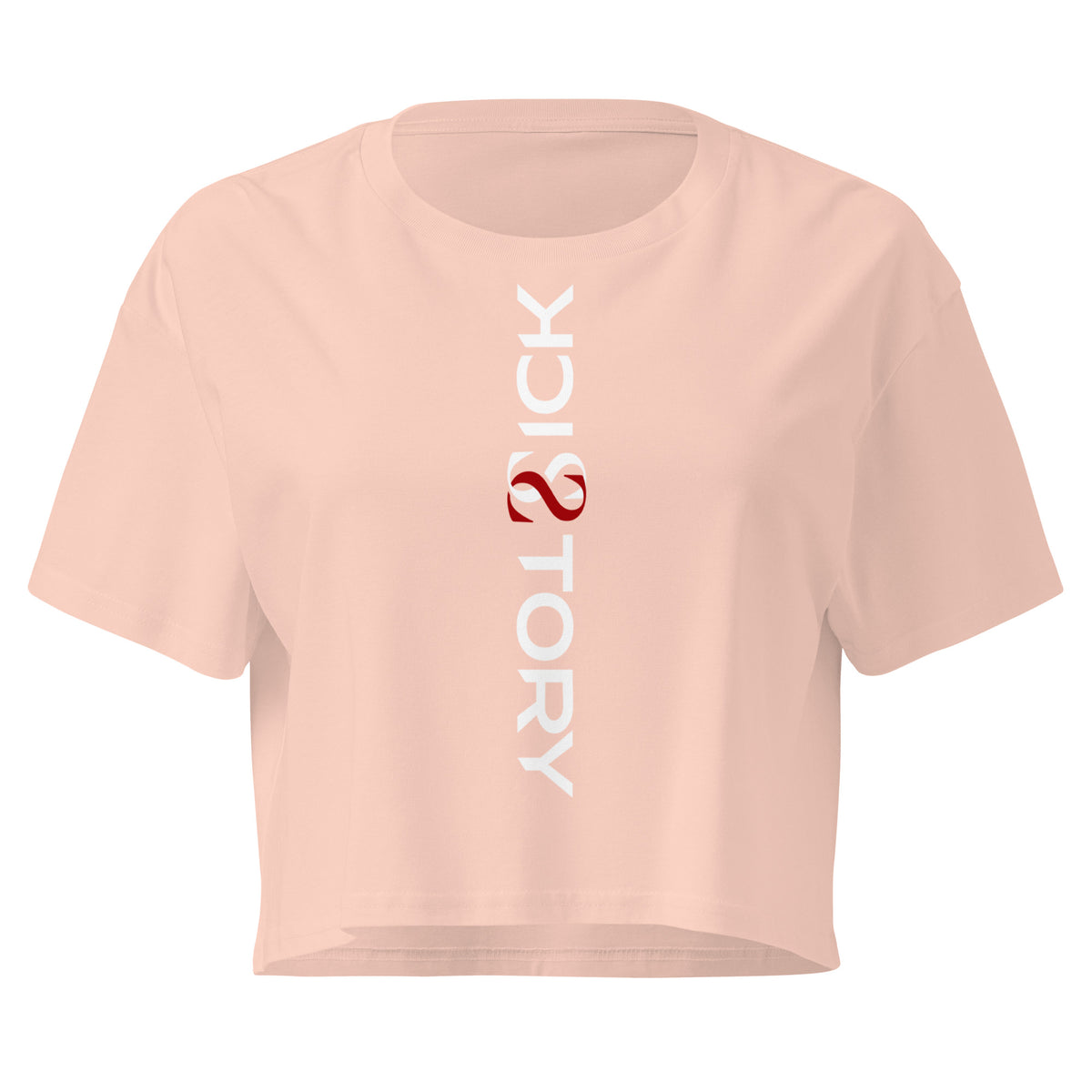 Hellrosa Sick Story Damen Crop Top mit kurzen Ärmeln, Rundhalsausschnitt und senkrechtem weiß-rotem Logo-Schriftzug