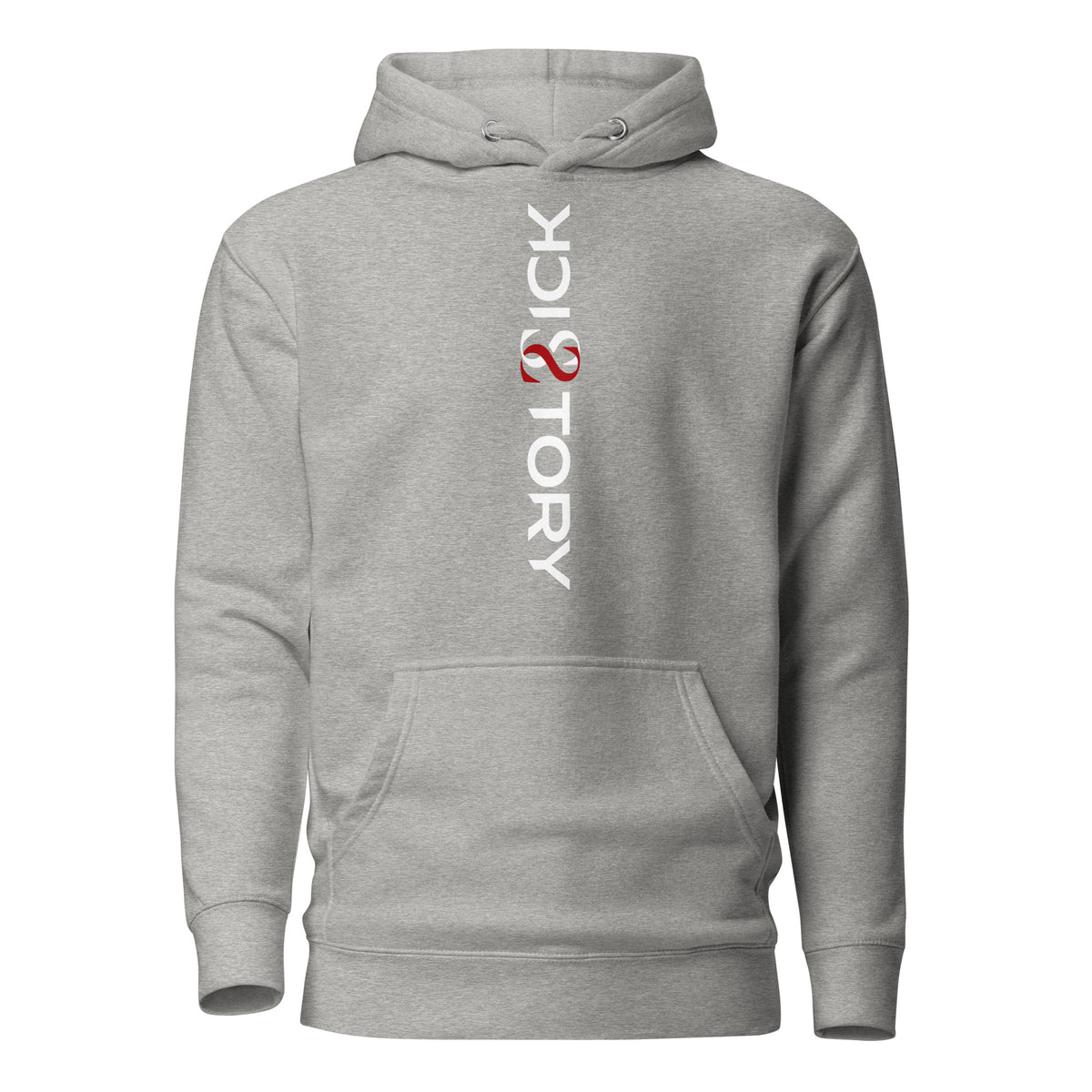 Hellgrauer Sick Story Unisex Hoodie mit Kapuze, Kängurutasche und senkrechtem weiß-rotem Logo-Schriftzug