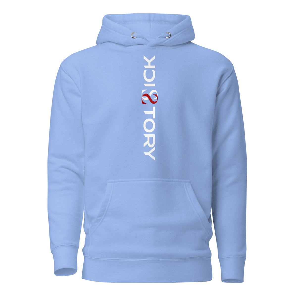 Hellblauer Sick Story Unisex Hoodie mit Kapuze, Kängurutasche und senkrechtem weiß-rotem Logo-Schriftzug