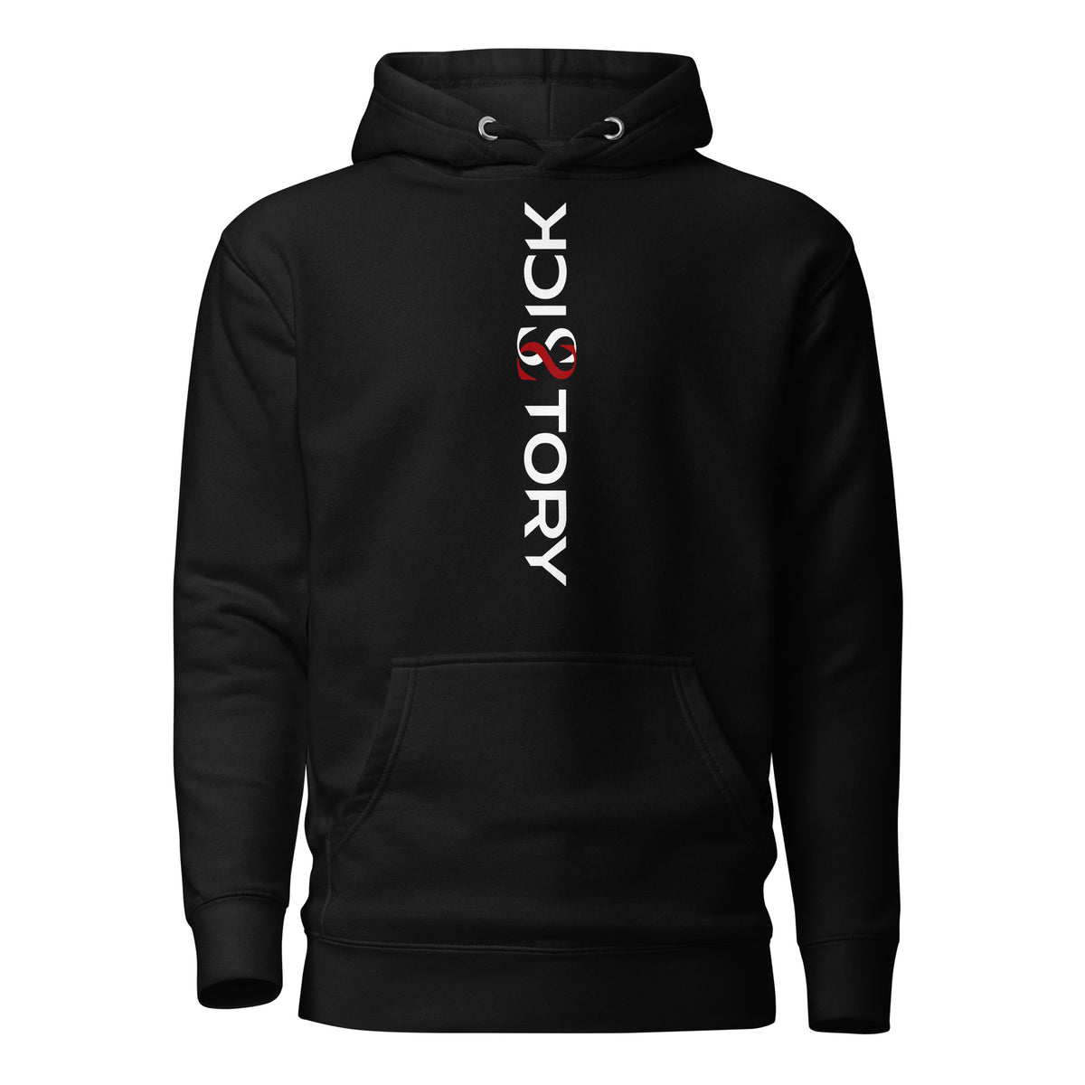 Schwarzer Sick Story Unisex Hoodie von vorne mit Kapuze, Kängurutasche und senkrechtem weiß-rotem Logo-Schriftzug