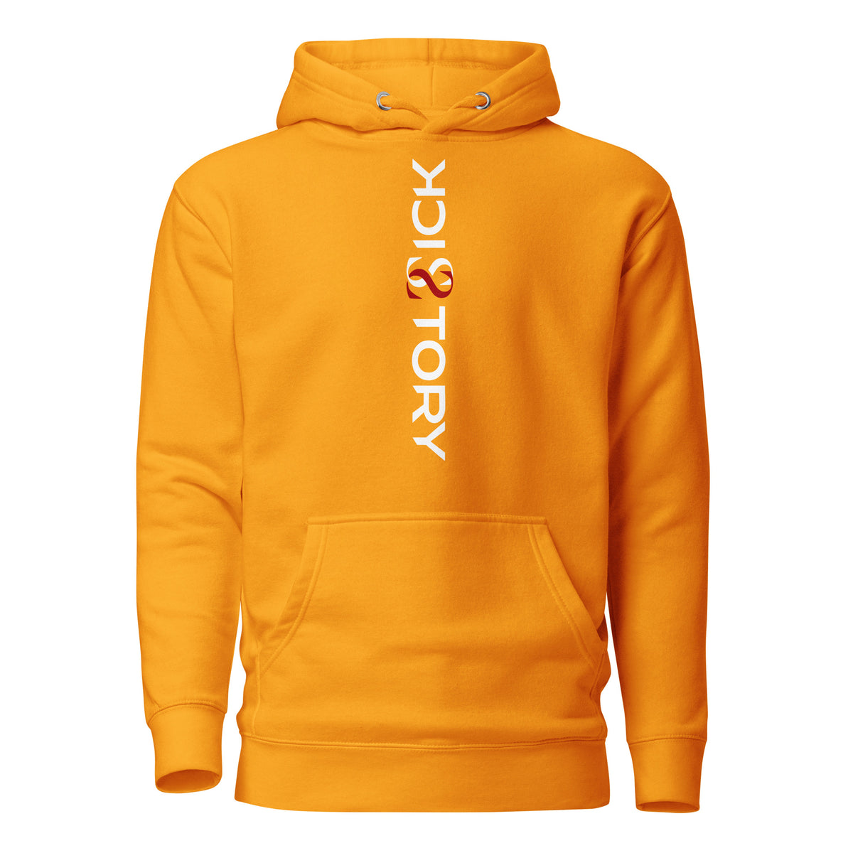 Goldgelber Sick Story Unisex Hoodie mit Kapuze, Kängurutasche und senkrechtem weiß-rotem Logo-Schriftzug
