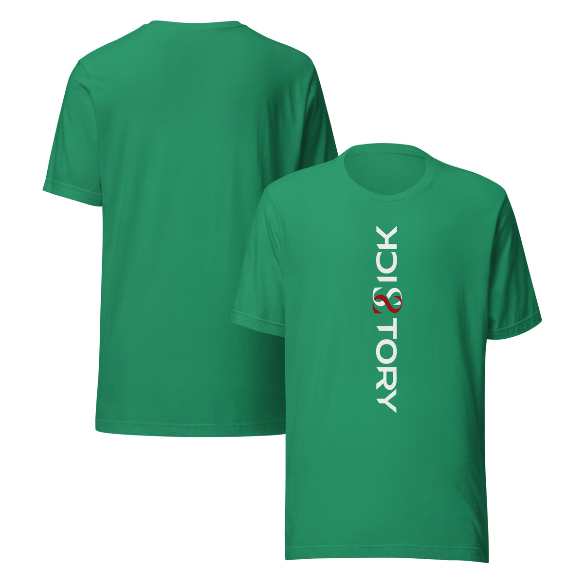 Camiseta unisex Sick Story verde con cuello redondo, letras del logotipo en blanco y rojo delante y espalda sin estampado