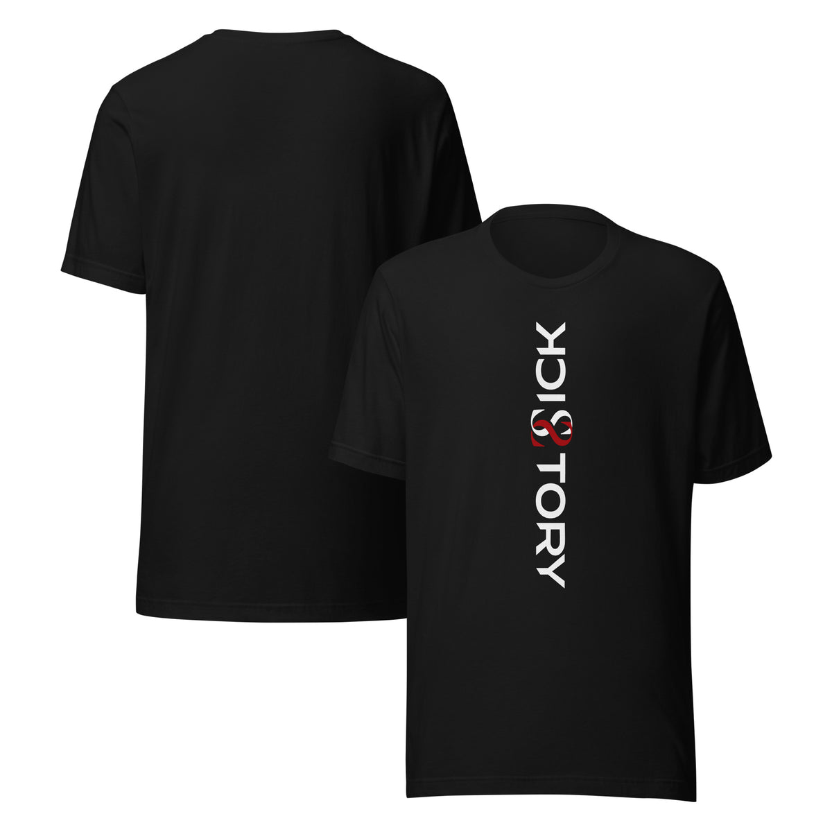 Camiseta unisex Sick Story negra con cuello redondo, letras del logotipo en blanco y rojo delante y espalda sin estampado
