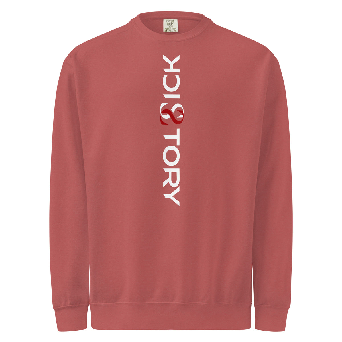 Textilgefärbter Unisex-Pullover von Sick Story in Crimson – Vorderansicht