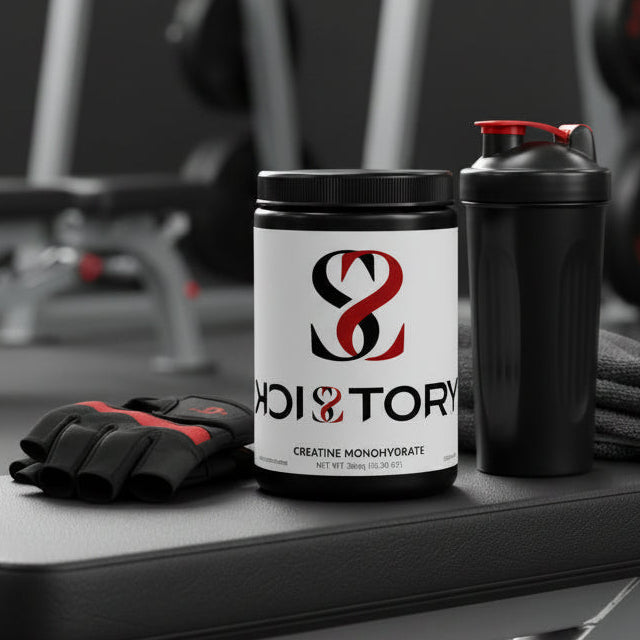 Container of Creatine Monohydrate supplement placed next to a water bottle and dumbbells in a gym setting.