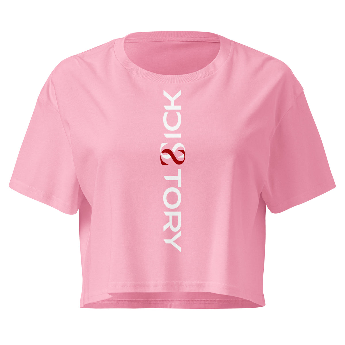 Camiseta corta de mujer Sick Story rosa con manga corta, cuello redondo y letras verticales del logotipo en blanco y rojo