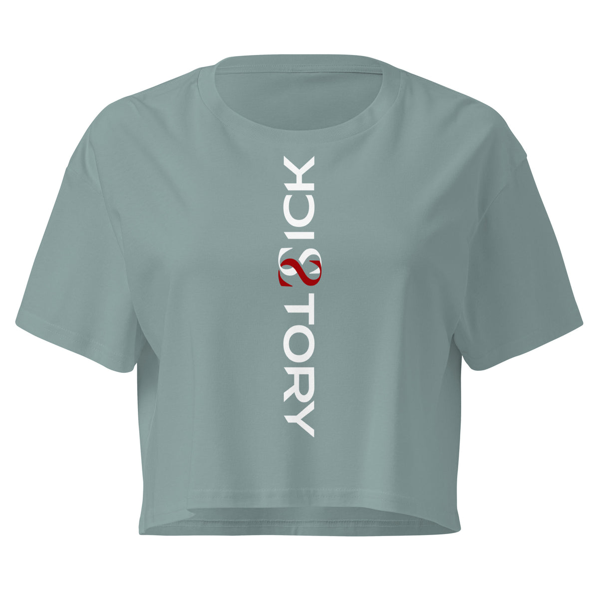 Graugrünes Sick Story Damen Crop Top mit kurzen Ärmeln, Rundhalsausschnitt und senkrechtem weiß-rotem Logo-Schriftzug