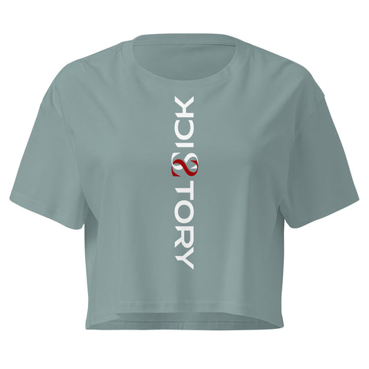 Gray-green Sick Story women's crop top with short sleeves, crew neck and vertical white-and-red logo lettering