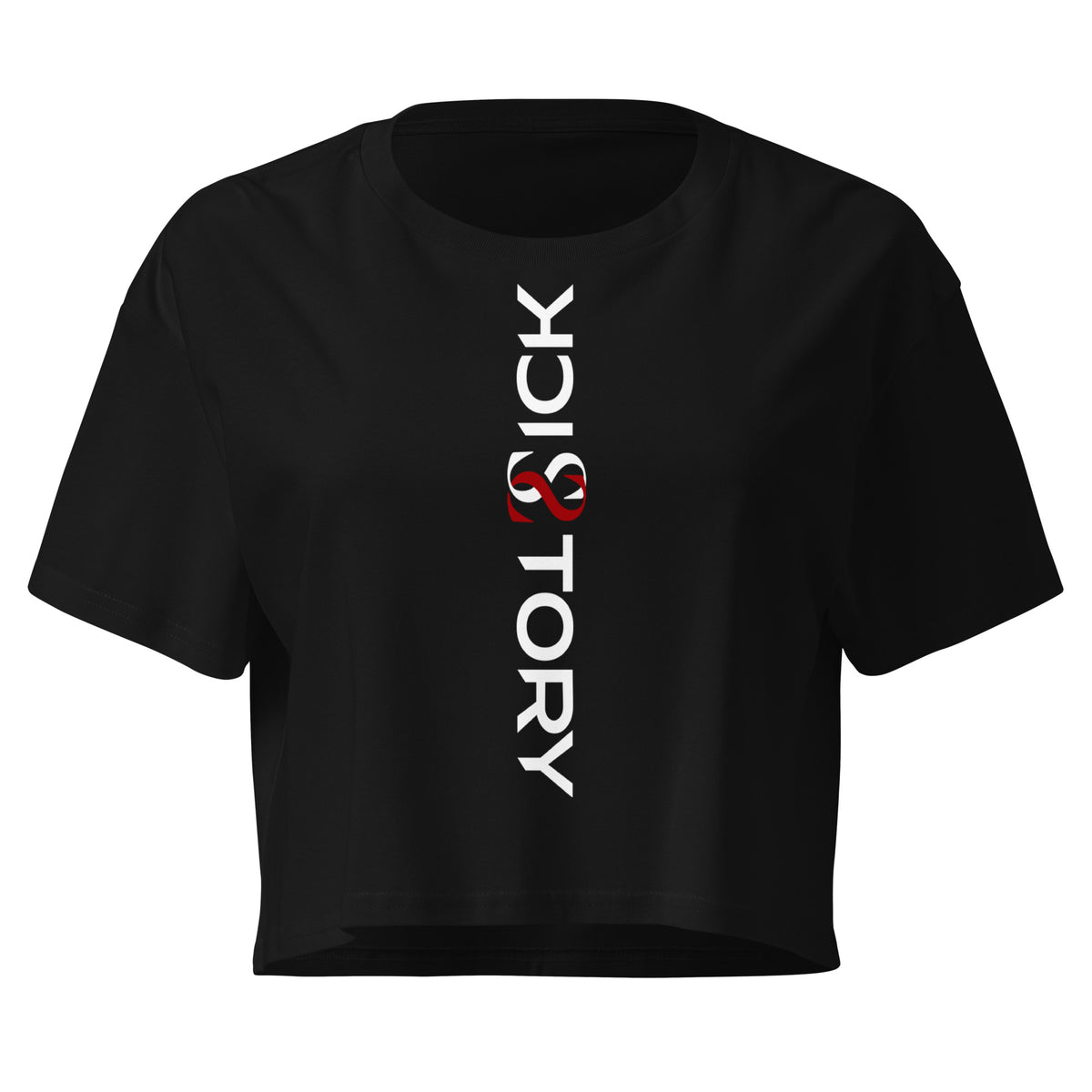 Schwarzes Sick Story Damen Crop Top mit kurzen Ärmeln, Rundhalsausschnitt und senkrechtem weiß-rotem Logo-Schriftzug