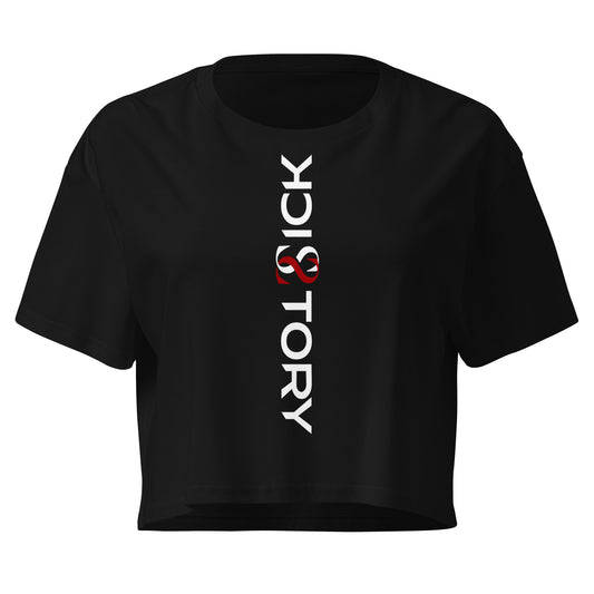 Black Sick Story women's crop top with short sleeves, crew neck and vertical white-and-red logo lettering