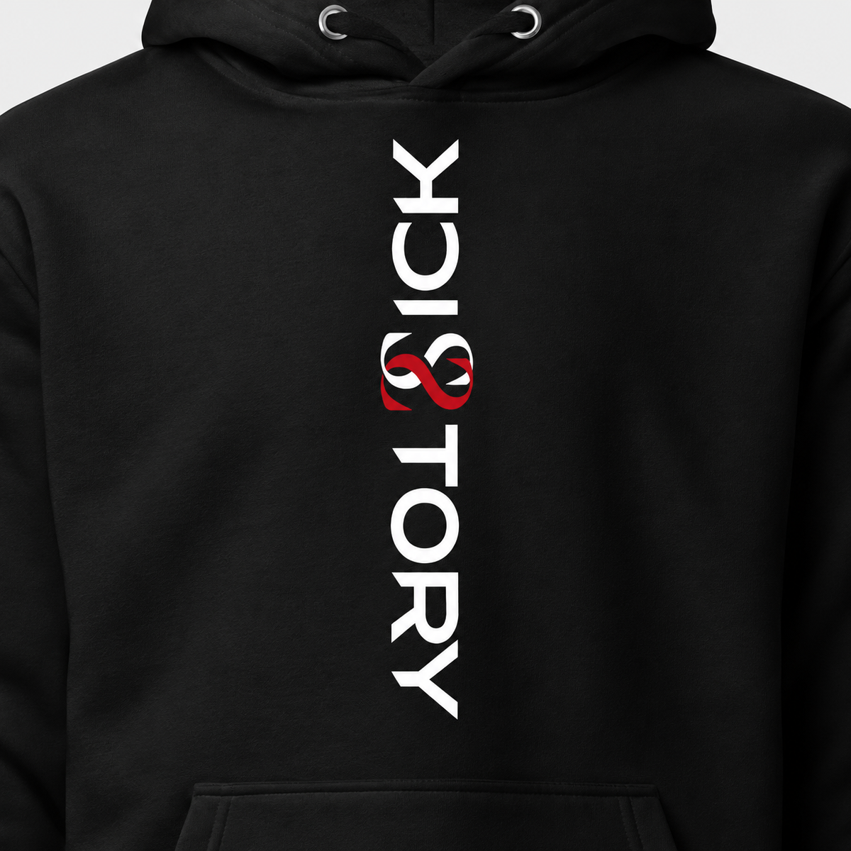 AI mockup: close-up of the vertical white-and-red Sick Story chest print on a black Sick Story unisex hoodie.
