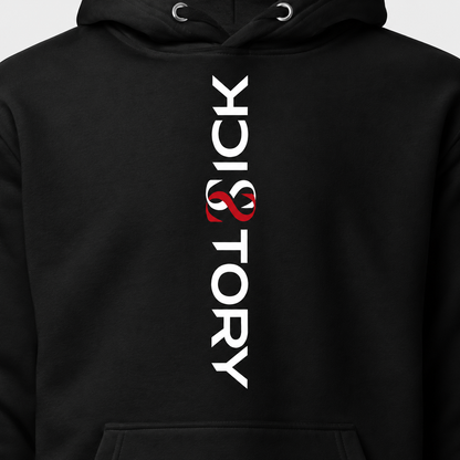AI mockup: close-up of the vertical white-and-red Sick Story chest print on a black Sick Story unisex hoodie.