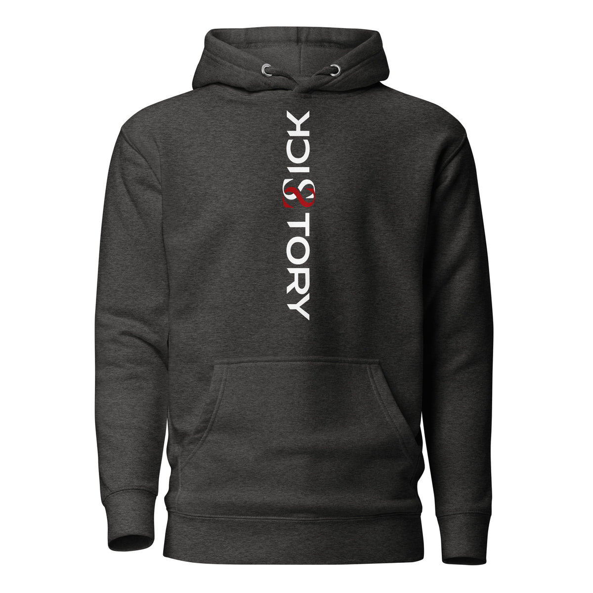 dark heather gray Sick Story unisex hoodie with hood, pouch pocket and vertical white-and-red logo lettering