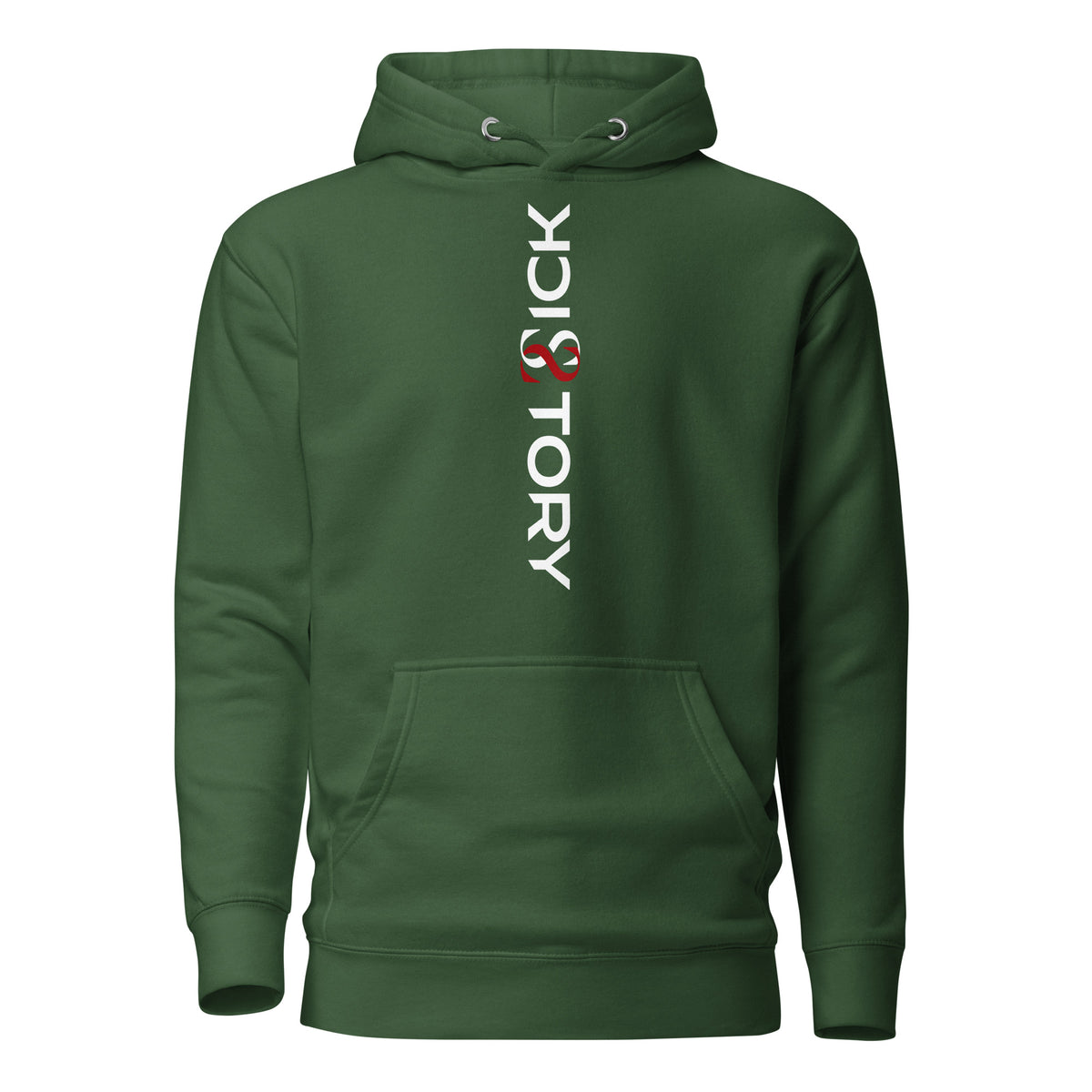 forest green Sick Story unisex hoodie with hood, pouch pocket and vertical white-and-red logo lettering