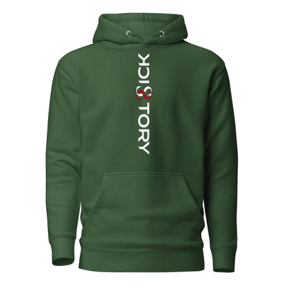 forest green Sick Story unisex hoodie with hood, pouch pocket and vertical white-and-red logo lettering
