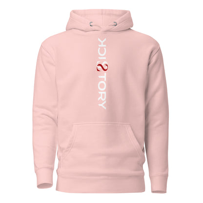light pink Sick Story unisex hoodie with hood, pouch pocket and vertical white-and-red logo lettering