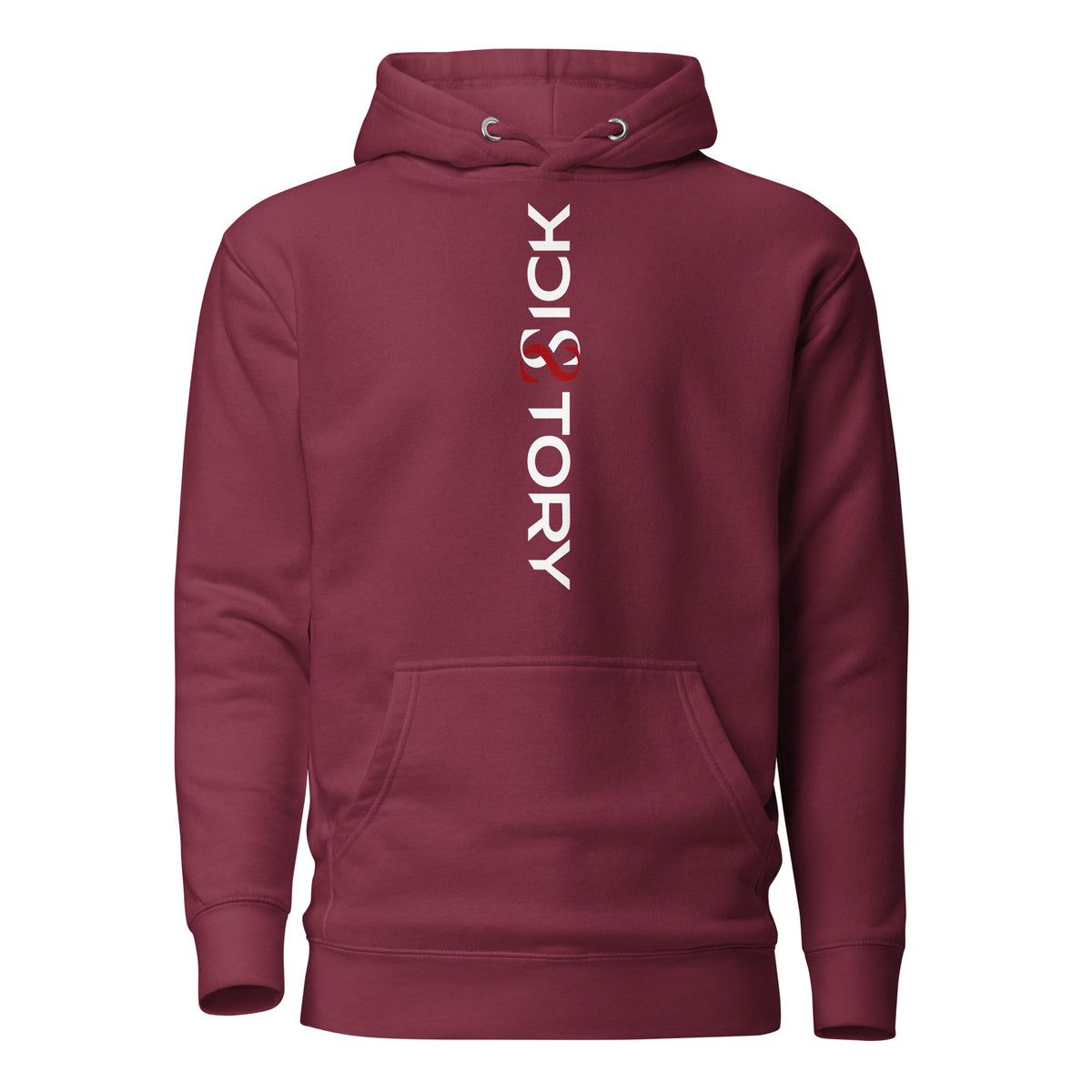 burgundy Sick Story unisex hoodie with hood, pouch pocket and vertical logo lettering