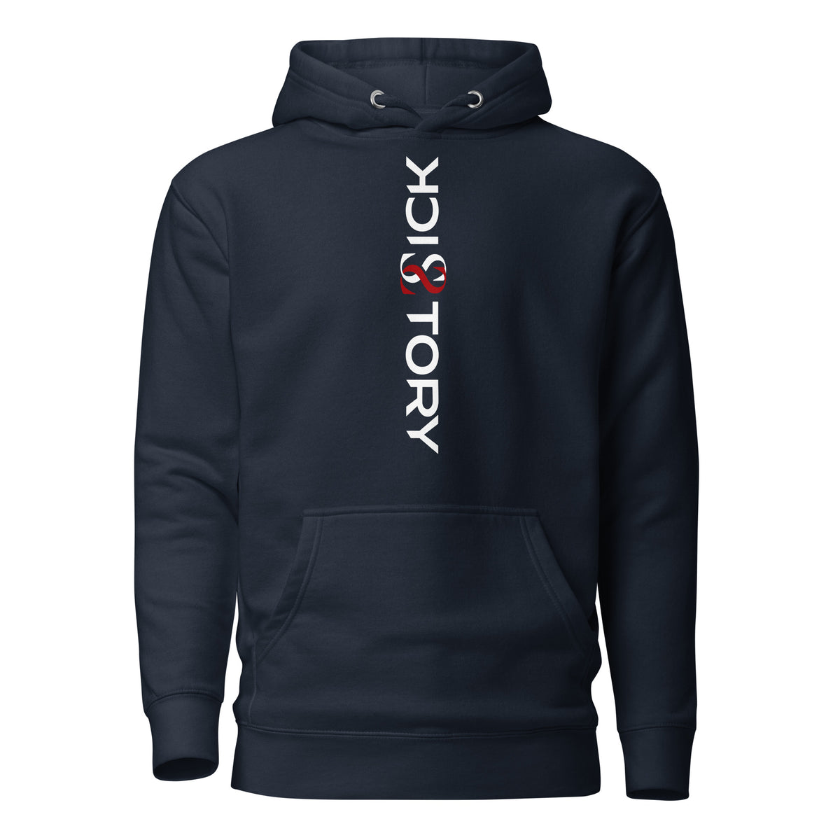 Sick Story unisex hoodie with hood, pouch pocket and vertical white-and-red logo lettering
