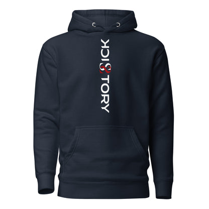 Sick Story unisex hoodie with hood, pouch pocket and vertical white-and-red logo lettering