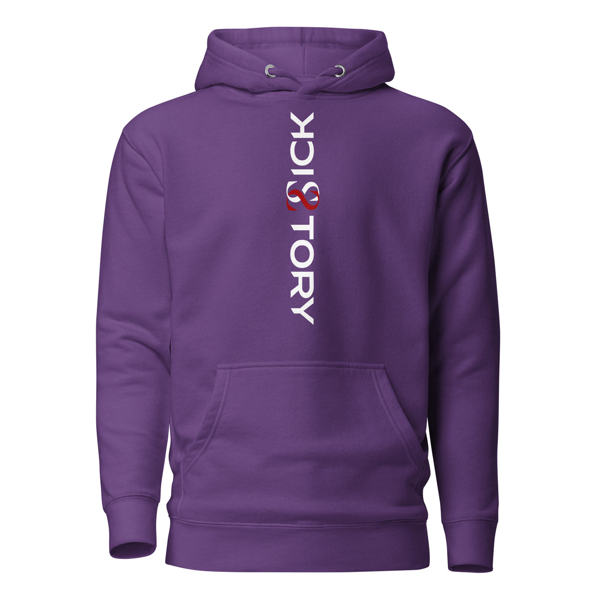 purple Sick Story unisex hoodie with hood, pouch pocket and vertical white-and-red logo lettering