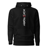 Vista frontal de sudadera unisex Sick Story negra con capucha, bolsillo canguro y letras verticales del logotipo en blanco y rojo