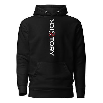 Front view of black Sick Story unisex hoodie with hood, pouch pocket and vertical white-and-red logo lettering