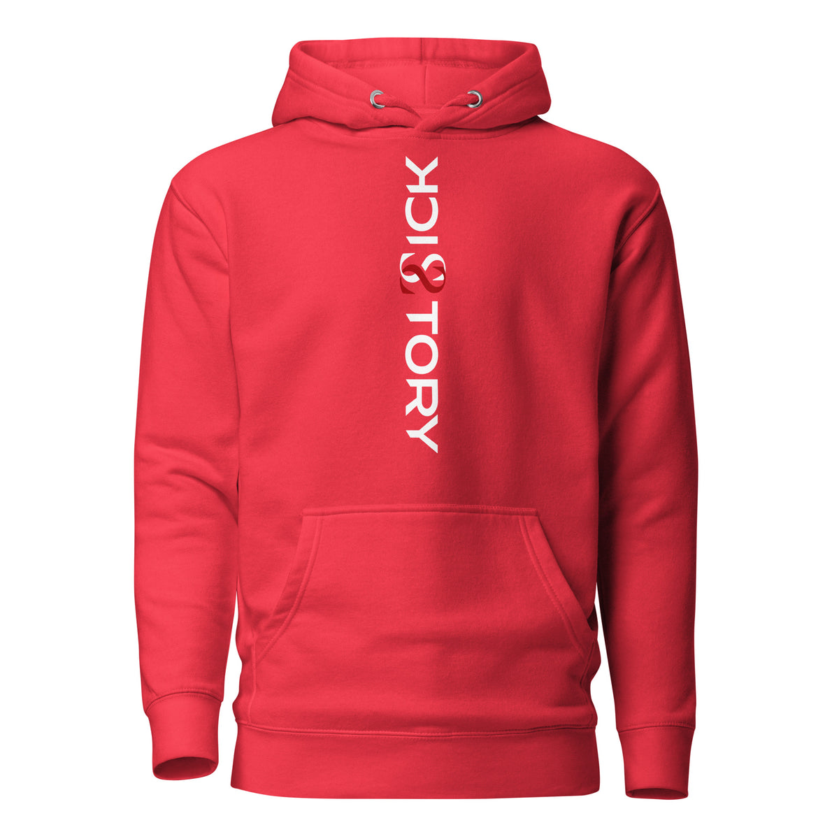 red Sick Story unisex hoodie with hood, pouch pocket and vertical logo lettering