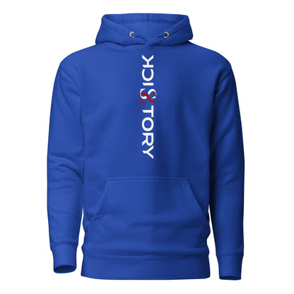 royal blue Sick Story unisex hoodie with hood, pouch pocket and vertical white-and-red logo lettering