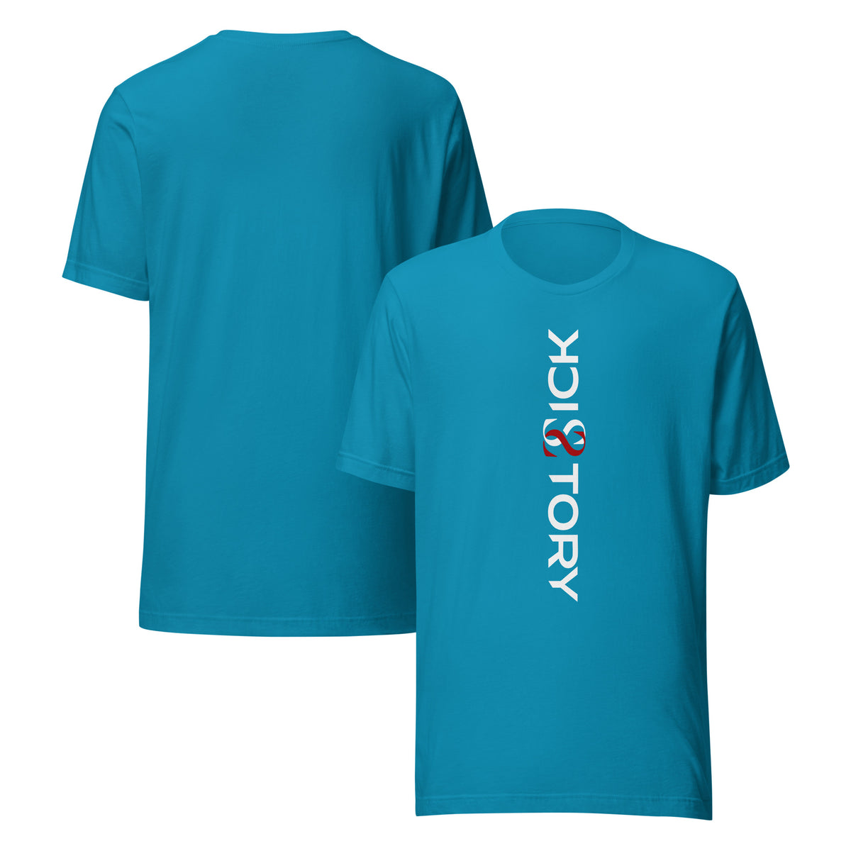 Camiseta unisex Sick Story turquesa con cuello redondo, letras del logotipo en blanco y rojo delante y espalda sin estampado