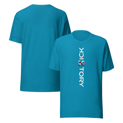 Camiseta unisex Sick Story turquesa con cuello redondo, letras del logotipo en blanco y rojo delante y espalda sin estampado