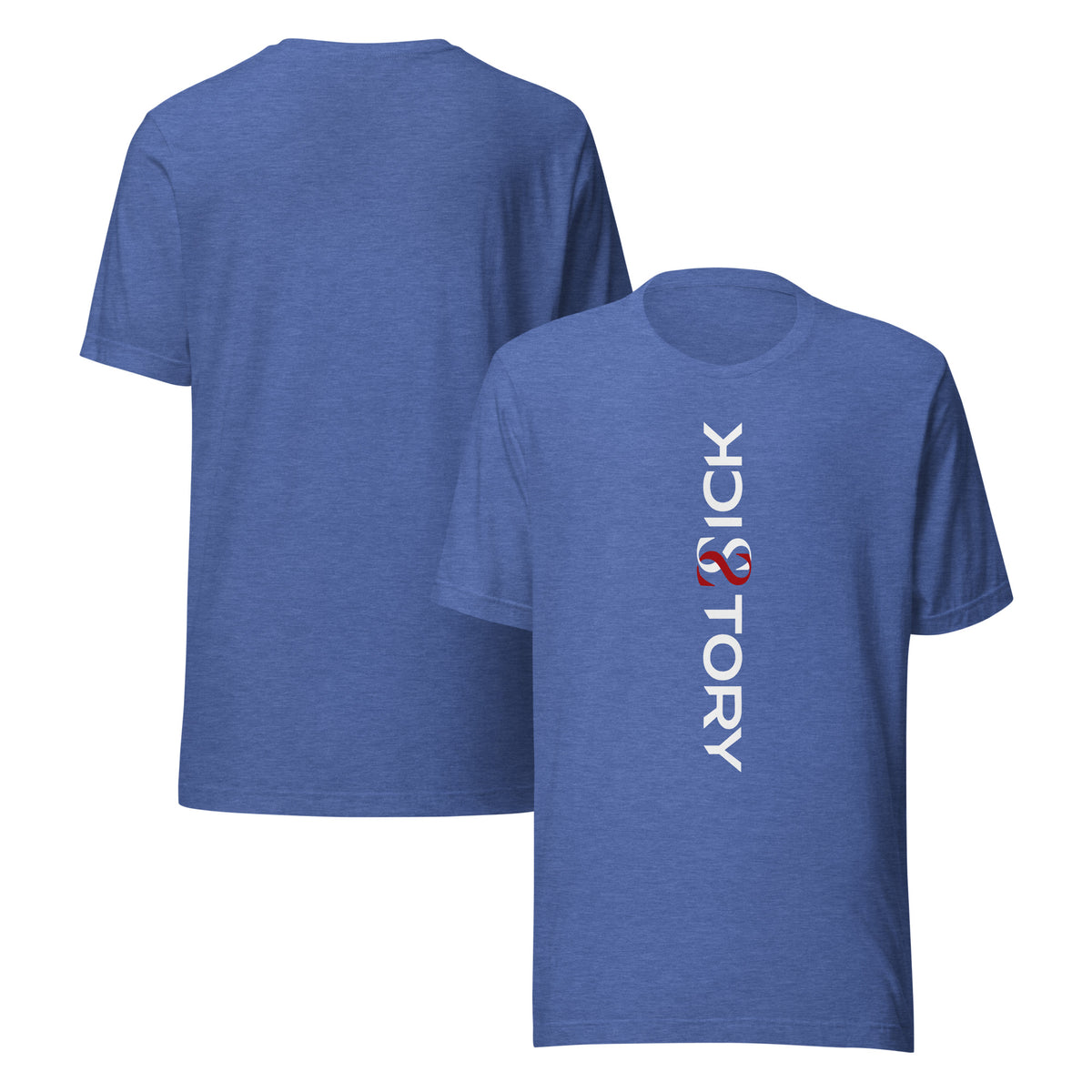 Camiseta unisex Sick Story azul royal jaspeado con letras del logotipo en blanco y rojo delante y espalda sin estampado