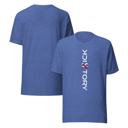 Camiseta unisex Sick Story azul royal jaspeado con letras del logotipo en blanco y rojo delante y espalda sin estampado