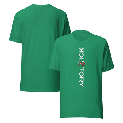 Camiseta unisex Sick Story verde con cuello redondo, letras del logotipo en blanco y rojo delante y espalda sin estampado