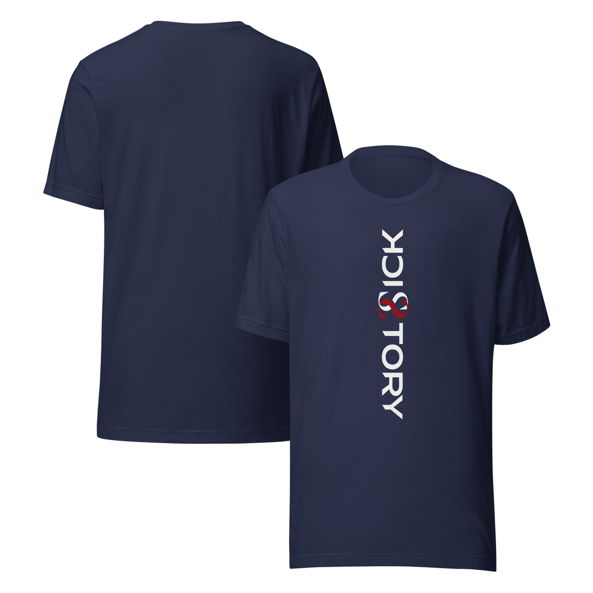 Camiseta unisex Sick Story azul marino con cuello redondo, letras del logotipo en blanco y rojo delante y espalda sin estampado