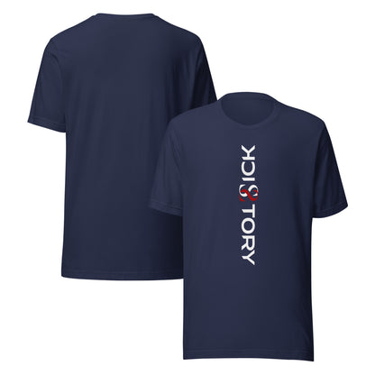 Camiseta unisex Sick Story azul marino con cuello redondo, letras del logotipo en blanco y rojo delante y espalda sin estampado