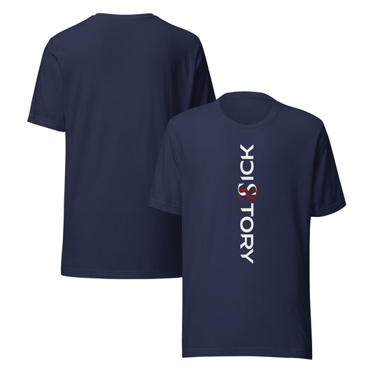 Navy Sick Story unisex T-shirt with crew neck, white-and-red logo lettering on the front and a plain back