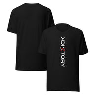 Schwarzes Sick Story Unisex T-Shirt mit Rundhalsausschnitt, weiß-rotem Logo-Schriftzug vorne und unbedruckter Rückseite