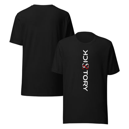 Camiseta unisex Sick Story negra con cuello redondo, letras del logotipo en blanco y rojo delante y espalda sin estampado