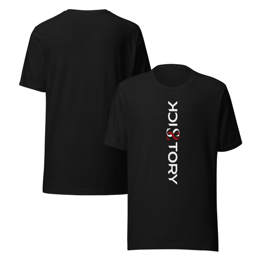 Black Sick Story unisex T-shirt with crew neck, white-and-red logo lettering on the front and a plain back
