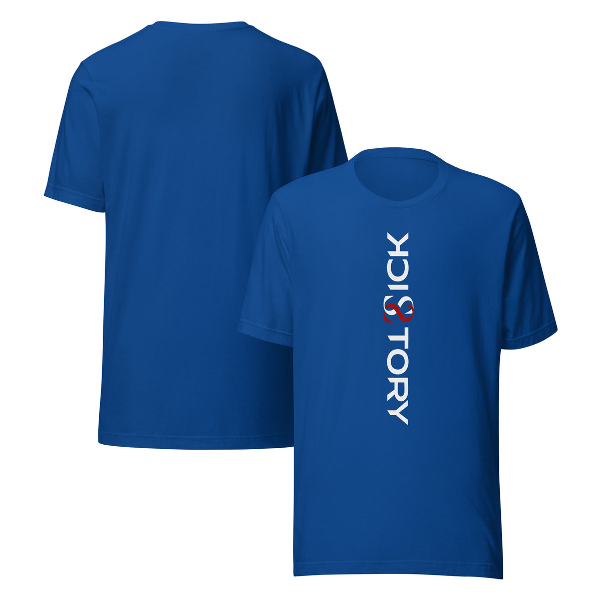 Camiseta unisex Sick Story azul royal con cuello redondo, letras del logotipo en blanco y rojo delante y espalda sin estampado