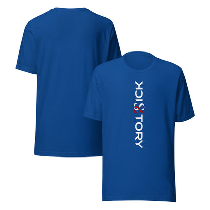 Camiseta unisex Sick Story azul royal con cuello redondo, letras del logotipo en blanco y rojo delante y espalda sin estampado
